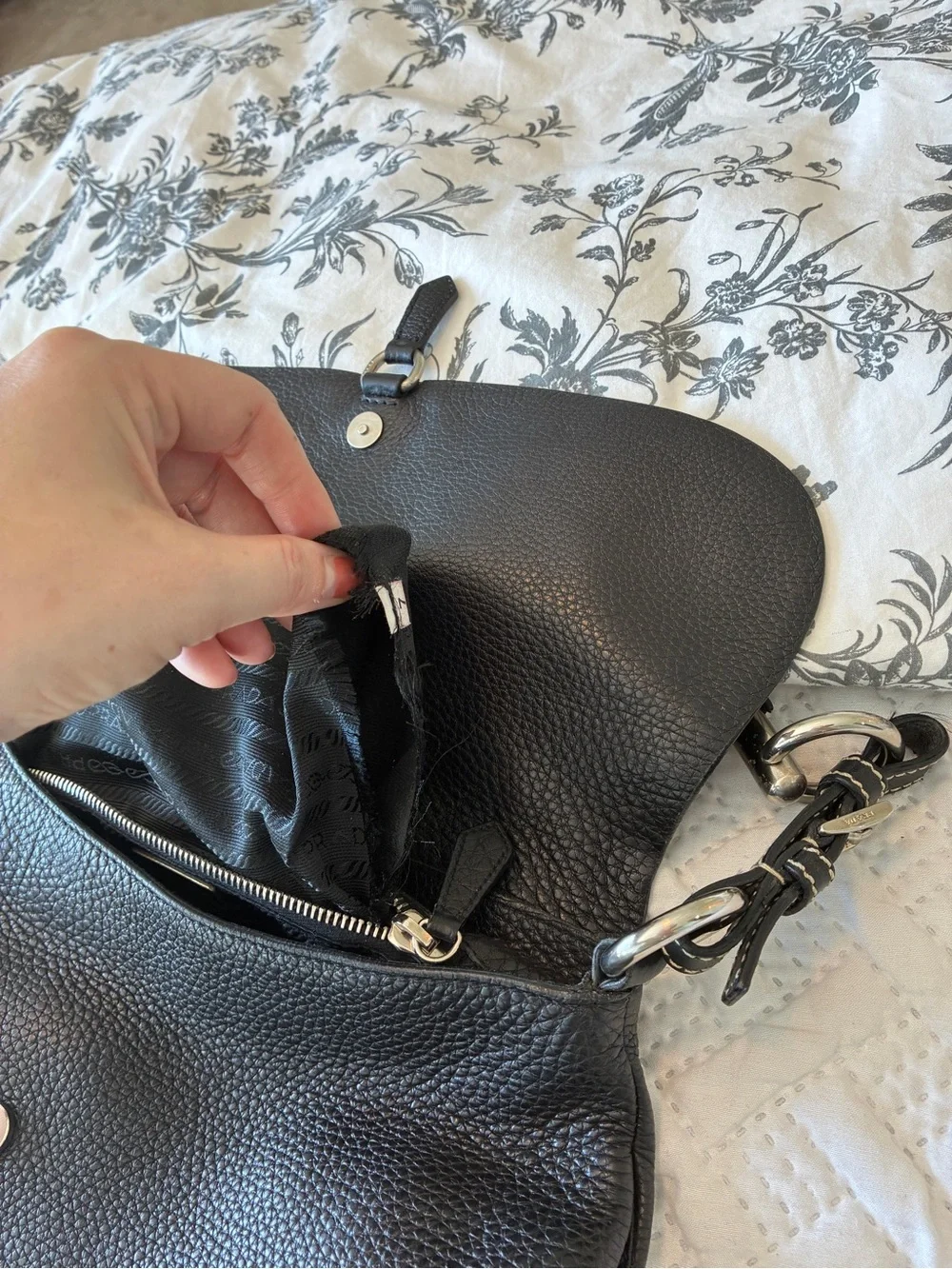 Prada Vitello Daino Black Pebble Leather Shoulder Bag